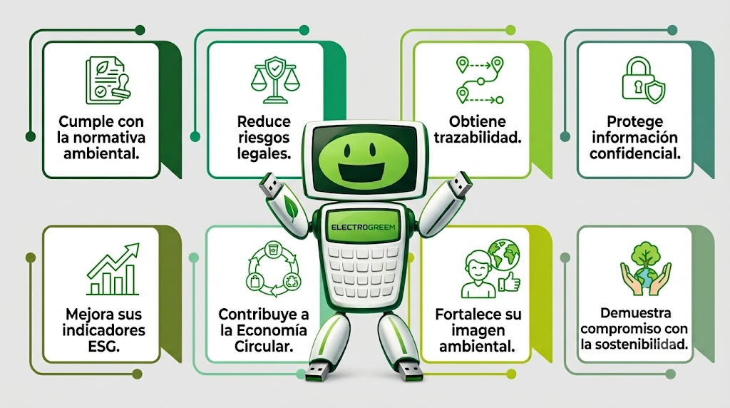 Beneficios para empresas: normativa ambiental, reducción de riesgos legales, trazabilidad, protección de información, indicadores ESG, economía circular, imagen ambiental y sostenibilidad