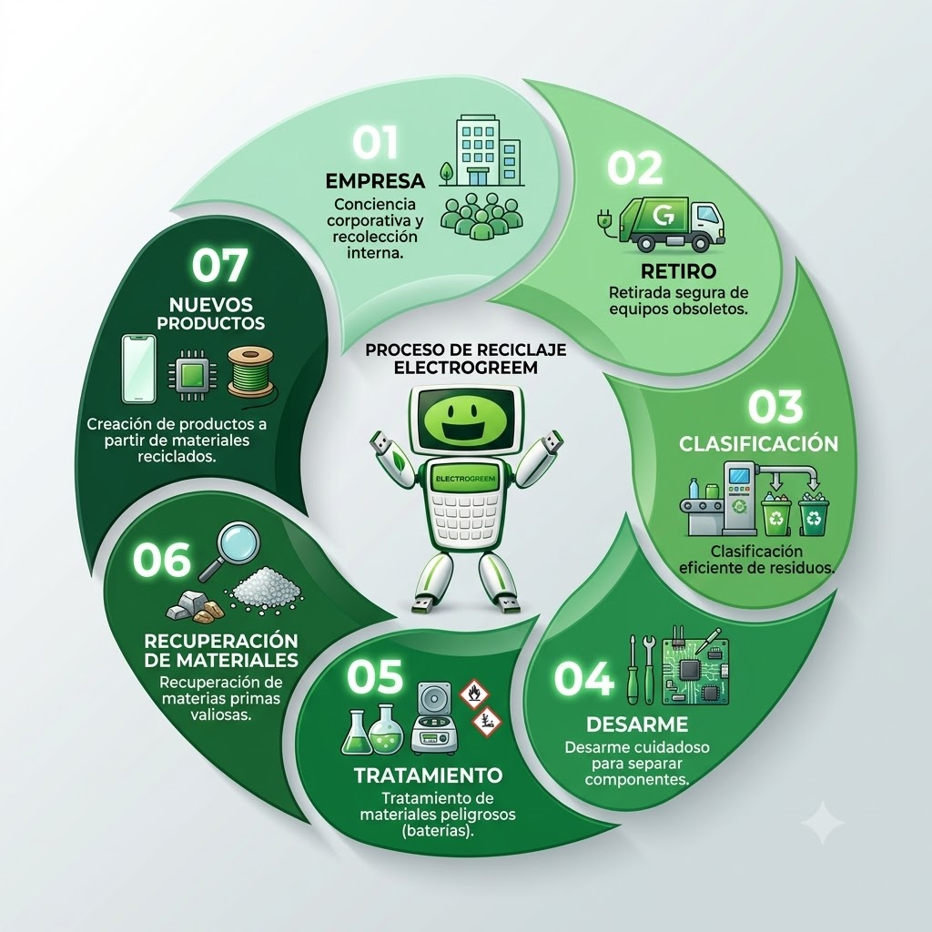 Proceso de reciclaje Electrogreem: empresa, retiro, clasificación, desarme, tratamiento, recuperación de materiales y nuevos productos