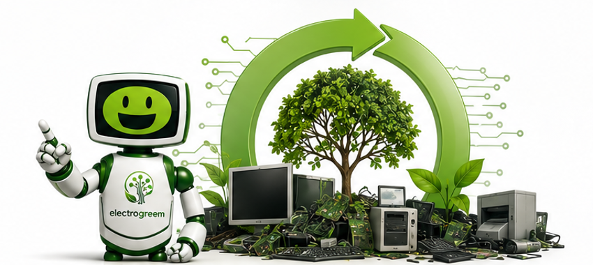 Robot de Electrogreem junto a equipos electrónicos y un árbol que representa la economía circular