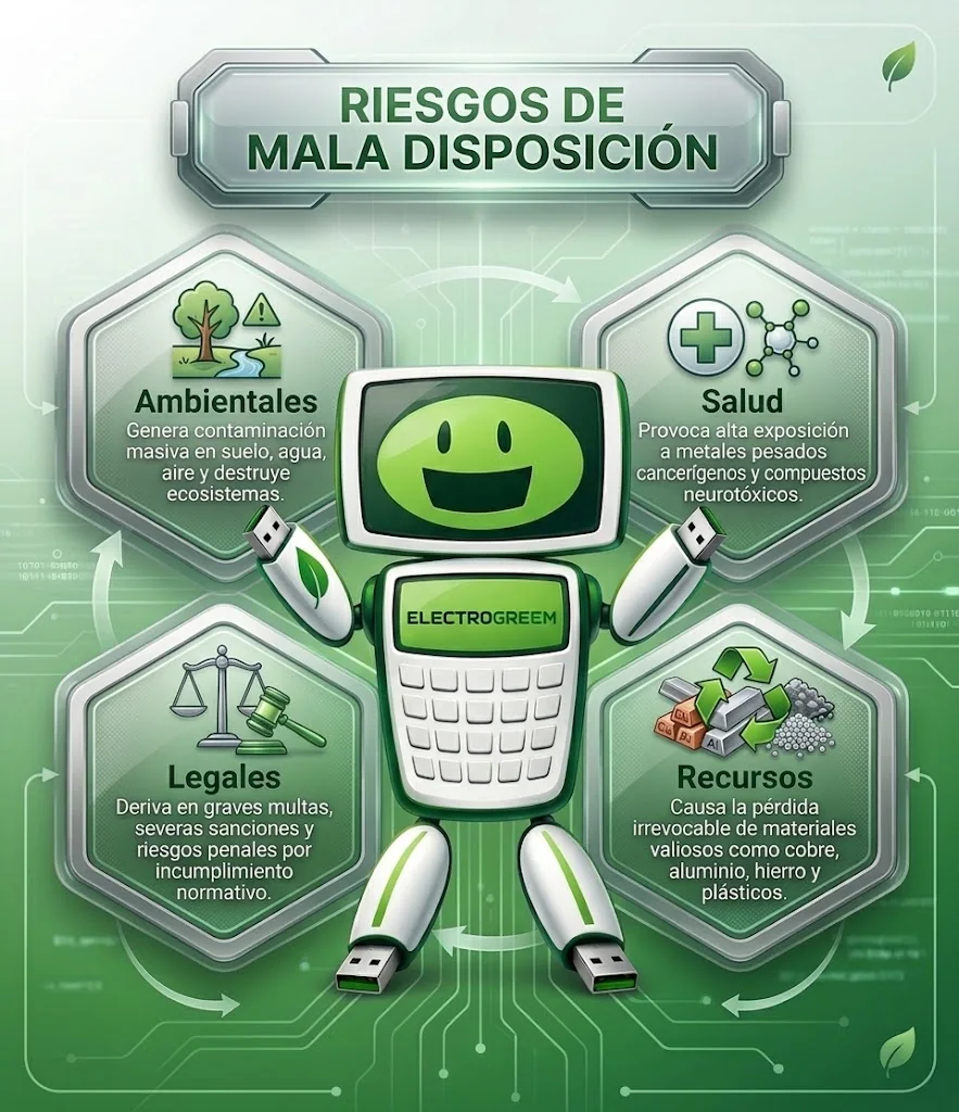 Infografía sobre los riesgos ambientales, sanitarios, legales y de pérdida de recursos por una mala disposición de RAEE